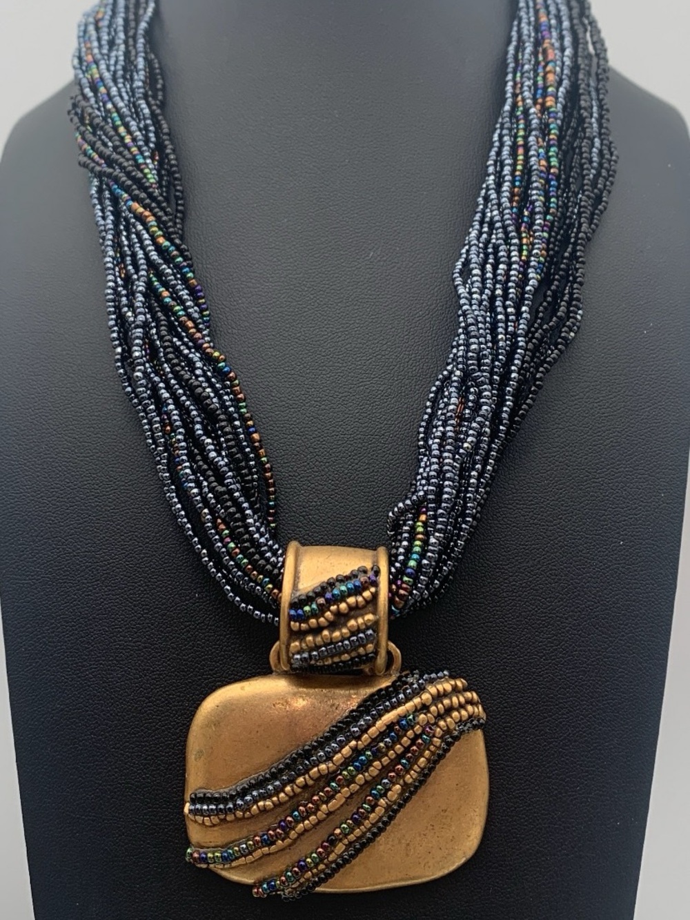Chico's Gold Pendant Multi-Strand Black & Iridescent Bead Necklace 16-19”